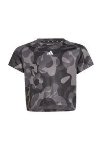 Adidas - Koszulka Essentials AEROREADY Seasonal Print Crop Kids. Kolor: czarny, szary, wielokolorowy. Materiał: materiał. Wzór: nadruk. Sport: joga i pilates