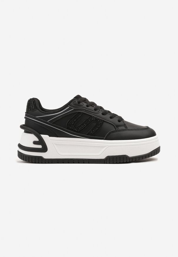 Born2be - Czarne Sneakersy na Grubej Podeszwie z Geometrycznym Wzorem Korsemi. Okazja: na co dzień. Kolor: czarny. Materiał: jeans, skóra. Wzór: geometria