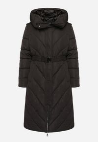 Born2be - Czarna Pikowana Kurtka Zimowa o Długim Kroju z Kapturem i Elastycznym Paskiem Sintoriae. Okazja: do pracy. Typ kołnierza: kaptur. Kolor: czarny. Materiał: jeans. Długość: długie. Sezon: zima. Styl: elegancki #4