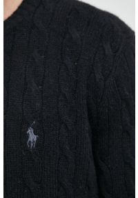 Polo Ralph Lauren sweter wełniany kolor czarny. Typ kołnierza: polo. Kolor: czarny. Materiał: wełna. Długość rękawa: długi rękaw. Długość: długie. Wzór: ze splotem #5