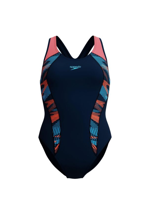 Strój pływacki jednoczęściowy damski Speedo Placement Laneback. Kolor: pomarańczowy, wielokolorowy, niebieski