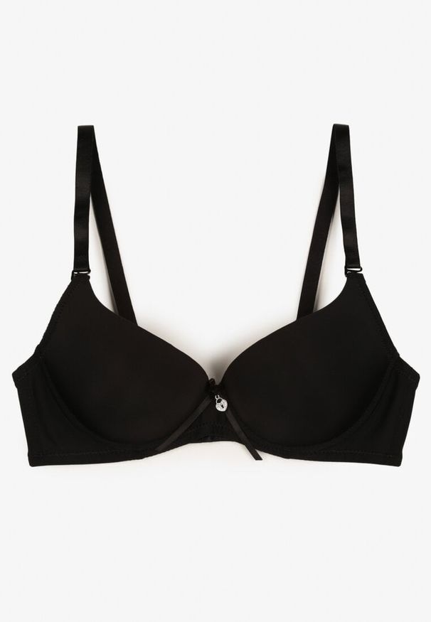 Renee - Czarny Biustonosz z Efektem Push Up Zdobiony Kokardką Idalunea. Kolor: czarny. Rodzaj stanika: push-up. Wzór: aplikacja