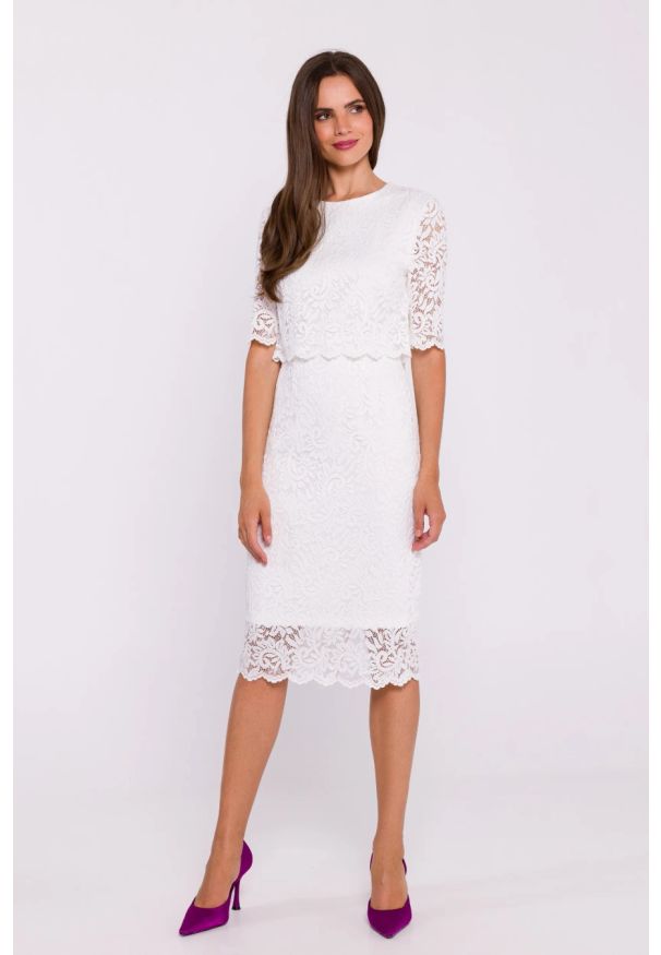 Stylove - Elegancka ołówkowa dwuczęściowa sukienka koronkowa ecru. Materiał: koronka. Typ sukienki: ołówkowe. Styl: elegancki