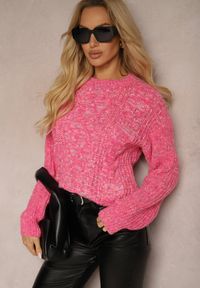 Renee - Fuksjowy Casualowy Sweter z Wełną z Kolorowymi Przeszyciami Dezira. Okazja: na co dzień. Kolor: różowy. Materiał: wełna. Długość rękawa: długi rękaw. Długość: długie. Wzór: kolorowy. Styl: casual #3