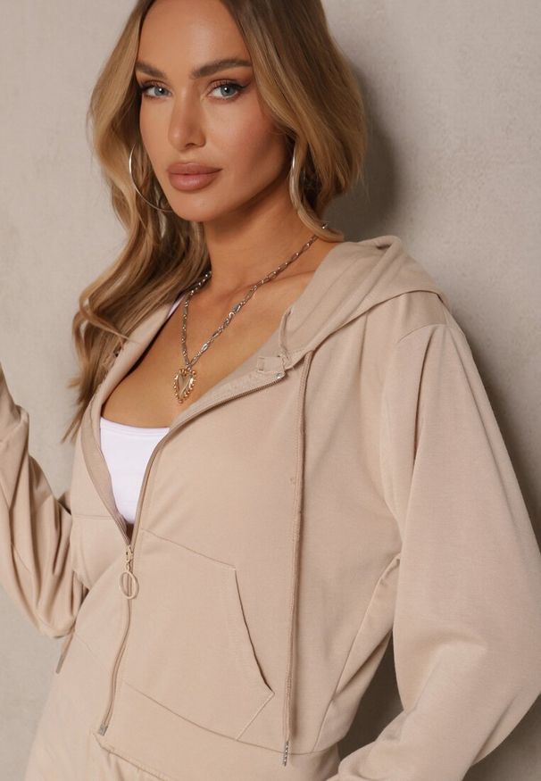 Renee - Ciemnobeżowy Komplet Dresowy o Luźnym Kroju Bluza na Suwak z Kapturem i Spodnie Szerokie Ezorila. Kolor: beżowy. Materiał: dresówka