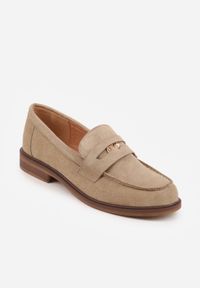 Renee - Beżowe Mokasyny VICES ze Skórzaną Wkładką i Metaliczną Ozdobą Sereisana. Nosek buta: okrągły. Kolor: brązowy. Materiał: skóra. Wzór: aplikacja. Obcas: na obcasie. Wysokość obcasa: niski #8