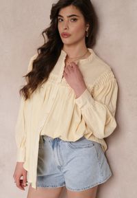 Renee - Beżowa Koszula z Bawełny z Ozdobnymi Wstawkami Lakinia. Okazja: na co dzień. Kolor: beżowy. Materiał: bawełna. Długość rękawa: długi rękaw. Długość: długie. Styl: casual #5