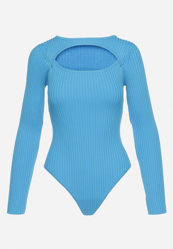 Born2be - Niebieskie Body Prążkowane z Wycięciem na Dekolcie Volfi. Kolor: niebieski. Materiał: prążkowany. Styl: klasyczny