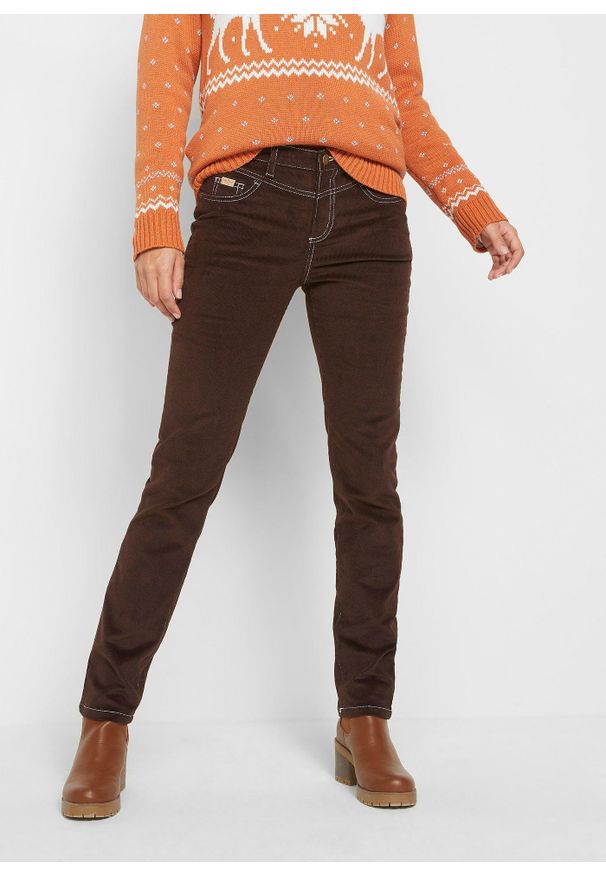 bonprix - Spodnie sztruksowe ze stretchem o kroju slim fit. Kolor: brązowy. Materiał: sztruks