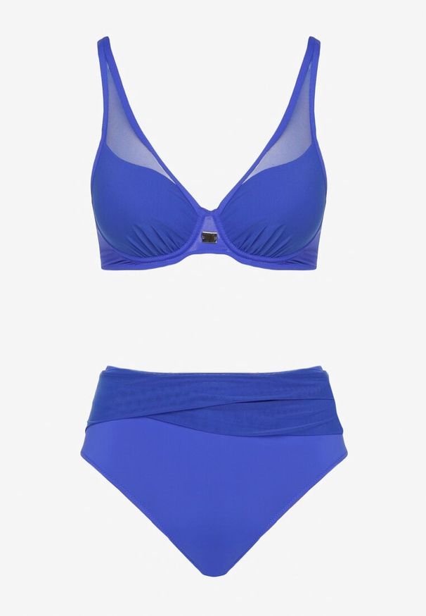Born2be - Niebieskie Bikini Biustonosz i Majtki Figi Zdobione Siateczką Linaravia. Kolor: niebieski. Wzór: aplikacja