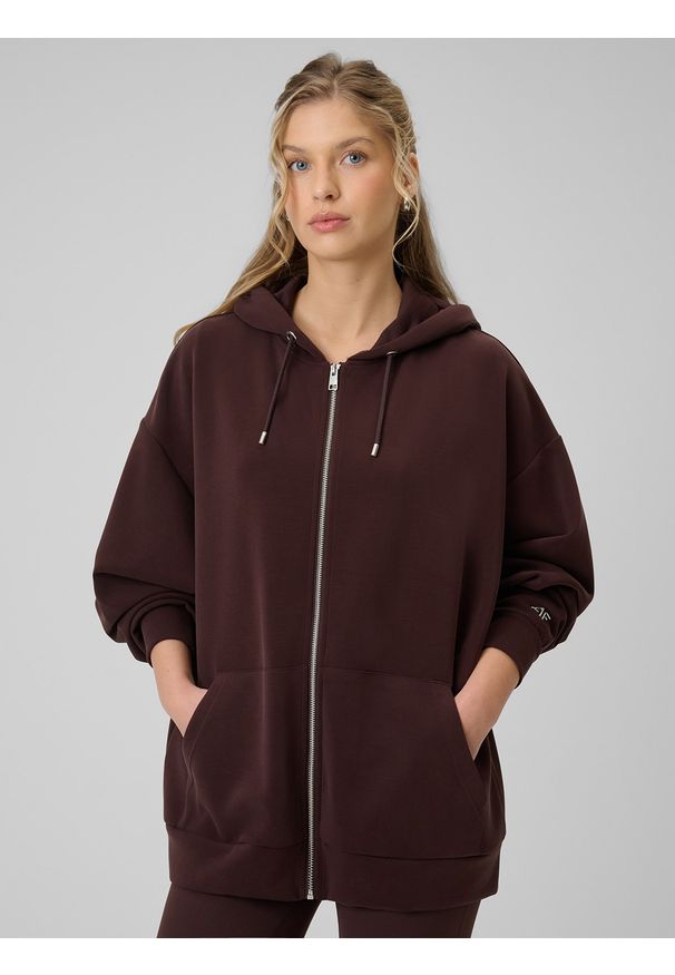 4f - 4F Bluza dresowa oversize z modalem damska - brązowa S. Okazja: na co dzień. Kolor: brązowy. Materiał: dresówka. Wzór: gładki. Styl: casual