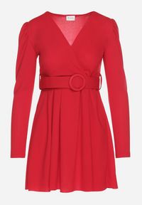 Born2be - Czerwona Sukienka Rozkloszowana z Ozdobnym Paskiem Evilevi. Okazja: na spotkanie biznesowe. Typ kołnierza: dekolt w kształcie V. Kolor: czerwony. Długość rękawa: długi rękaw. Styl: klasyczny, biznesowy #3