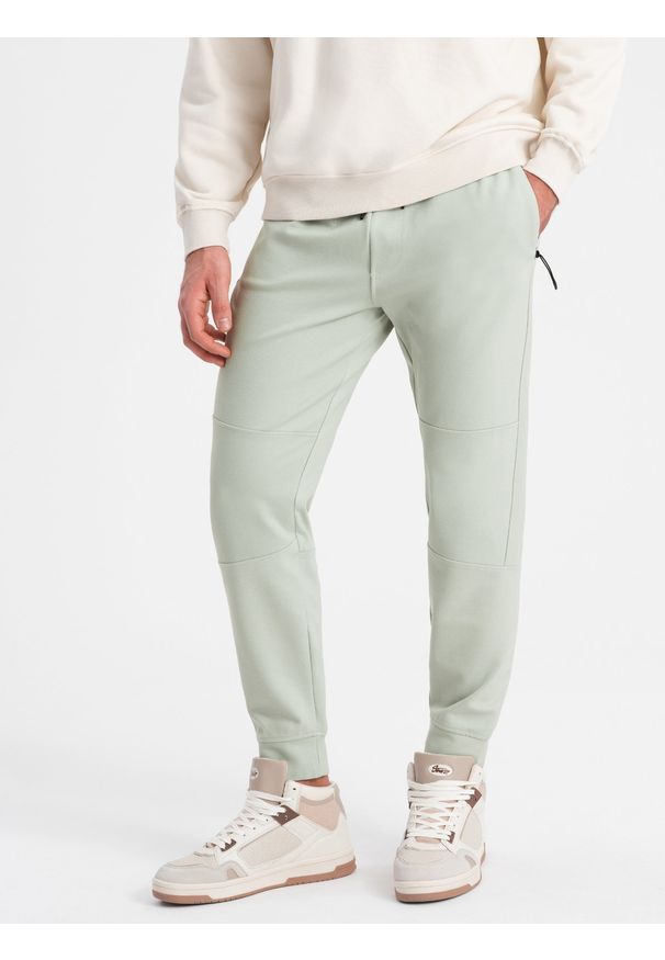 Ombre Clothing - Męskie spodnie joggery dresowe na gumce z przeszyciami – miętowe V3 OM-PASK-0142 - XXL. Kolor: miętowy. Materiał: dresówka. Wzór: aplikacja