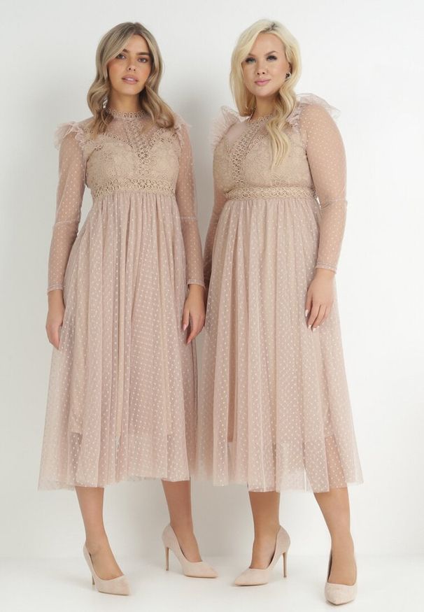 Born2be - Beżowa Sukienka z Koronką i Tiulem Nemila. Okazja: na co dzień. Typ kołnierza: dekolt w łódkę. Kolor: beżowy. Materiał: tiul, koronka. Wzór: koronka. Typ sukienki: proste. Styl: casual