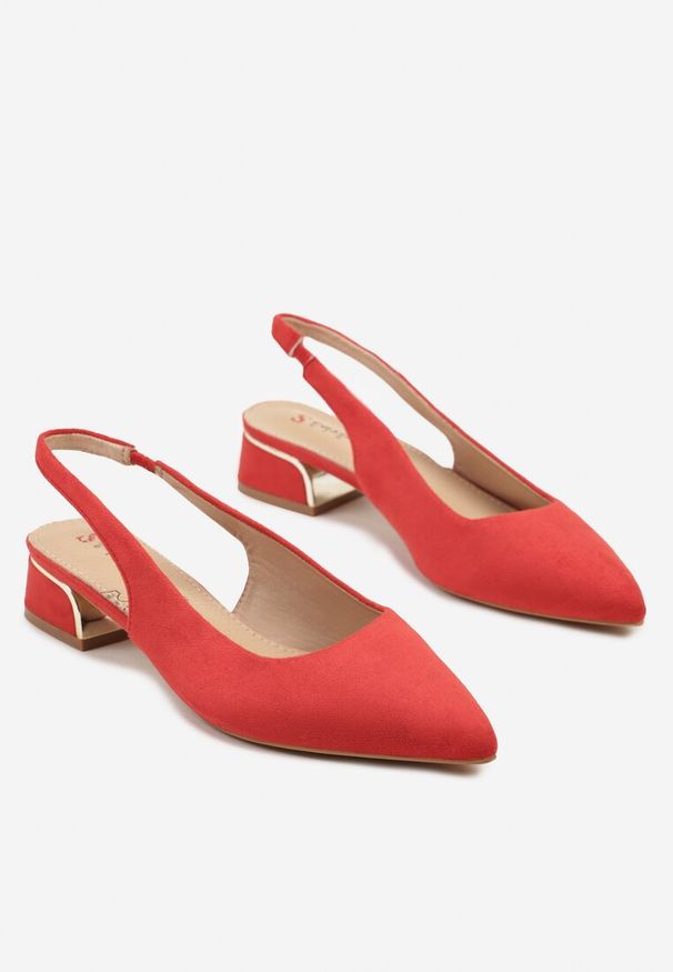 Renee - Czerwone Sandały Typu Slingback ze Skórzaną Wkładką i Metaliczną Wstawką Wevessa. Okazja: na co dzień. Zapięcie: sprzączka. Kolor: czerwony. Materiał: skóra. Styl: elegancki, casual