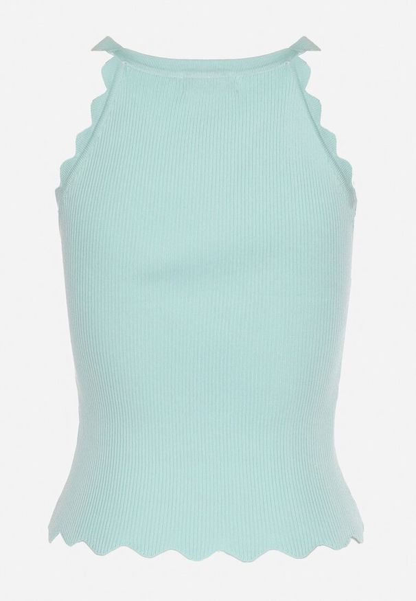 Born2be - Miętowy Klasyczny Top z Prążkowanego Materiału z Wiskozą i Ozdobnym Wykończeniem Grunvia. Okazja: na co dzień, do pracy. Kolor: miętowy. Materiał: prążkowany, wiskoza, materiał. Sezon: lato. Styl: klasyczny