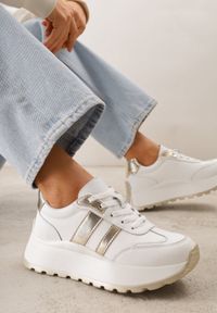 Born2be - Białe Skórzane Sneakersy na Grubej Podeszwie Cezelina. Okazja: na co dzień. Kolor: biały. Materiał: skóra #6