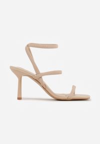 Renee - Beżowe Sandały na Szpilce z Dopasowującymi się do Stopy Paskami Usinrya. Zapięcie: pasek. Kolor: beżowy. Materiał: satyna. Wzór: paski. Obcas: na szpilce. Wysokość obcasa: średni #8