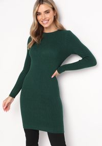 Born2be - Ciemnozielona Sukienka Mini z Prążkowanej Sweterkowej Dzianiny o Dopasowanym Fasonie Paulinma. Kolor: zielony. Materiał: dzianina, prążkowany. Długość rękawa: długi rękaw. Długość: mini #5