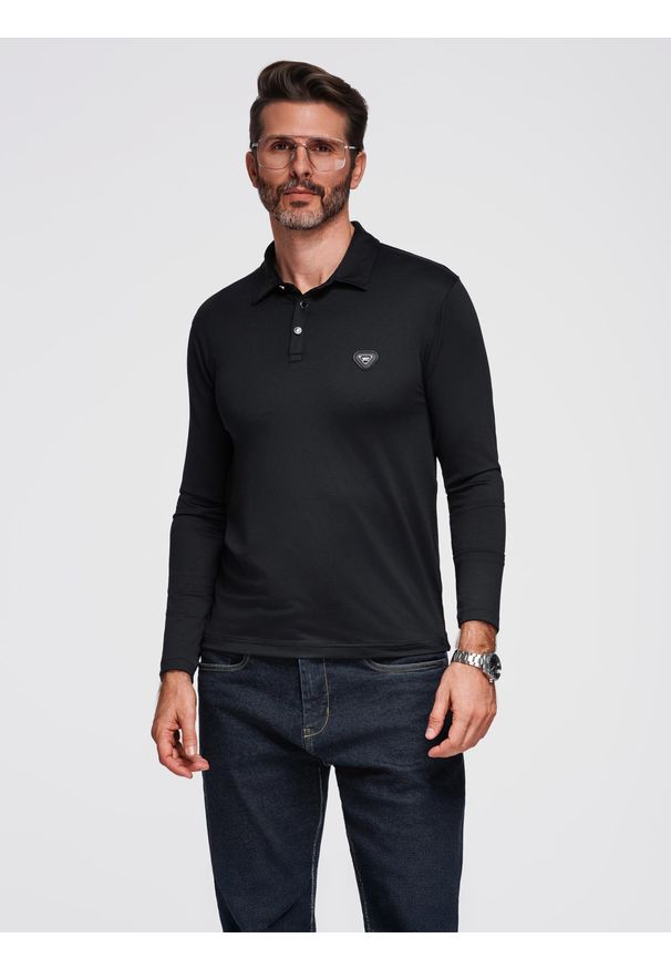 Ombre Clothing - Polo koszulka z długim rękawem zapinana na eleganckie, brandowane guziki – czarna V1 - Rozmiar: XXL. Okazja: na co dzień. Typ kołnierza: polo. Kolor: czarny. Materiał: nylon, elastan, skóra, dzianina. Długość rękawa: długi rękaw. Długość: długie. Styl: elegancki