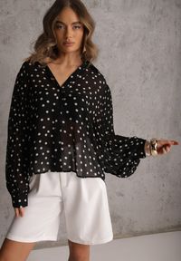 Renee - Czarna Koszula z Wiskozy i Bawełny Zdobiona Groszkami i Plisami na Rękawach Osharus. Okazja: na co dzień. Kolor: czarny. Materiał: wiskoza, bawełna. Wzór: aplikacja, grochy. Styl: casual #3