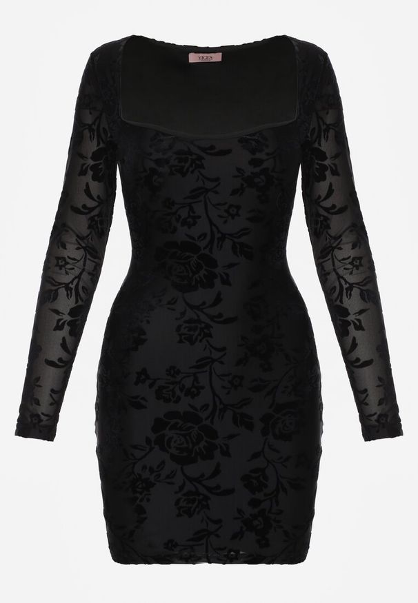 Born2be - Czarna Dopasowana Sukienka VICES z Wiązaniem i Welurowym Wzorem Thessadenah. Typ kołnierza: dekolt kwadratowy. Kolor: czarny. Materiał: welur. Typ sukienki: oversize. Styl: elegancki, klasyczny