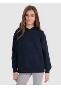 4f - 4F Bluza dresowa nierozpinana z kapturem dziewczęca - granatowa 122 (6-7 lat). Okazja: na co dzień. Typ kołnierza: kaptur. Kolor: niebieski. Materiał: dresówka. Wzór: gładki, ze splotem. Sezon: lato. Styl: casual, sportowy #1