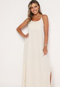 Born2be - Beżowa Taliowana Sukienka na Ramiączkach Rivaniell. Okazja: na imprezę, na co dzień. Kolor: beżowy. Materiał: jeans. Długość rękawa: na ramiączkach. Typ sukienki: oversize. Styl: elegancki, casual #1