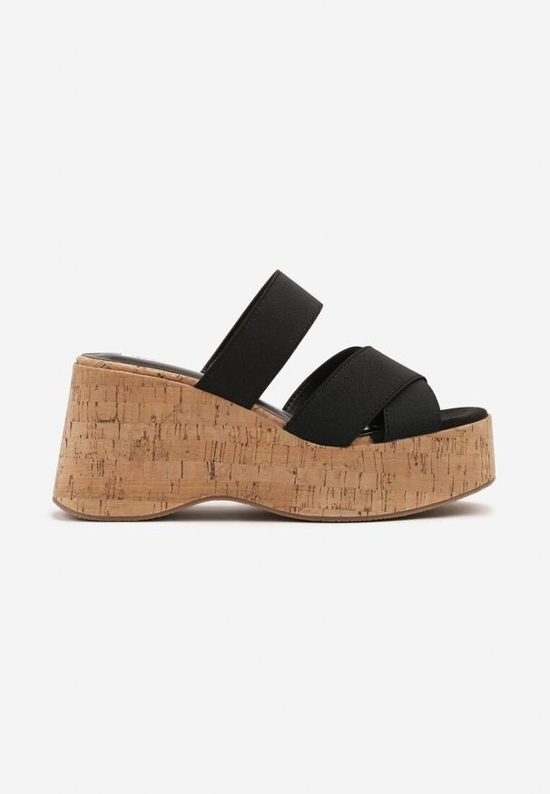 Born2be - Czarne Klapki na Koturnie i Platformie z Korka Dovelina. Okazja: na co dzień. Kolor: czarny. Sezon: lato. Obcas: na koturnie. Styl: elegancki, casual