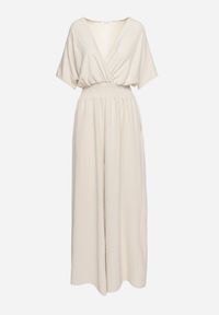 Born2be - Beżowy Kopertowy Kombinezon z Gumką w Talii i Szerokimi Nogawkami Vimashea. Okazja: na co dzień. Kolor: beżowy. Styl: elegancki, casual #6