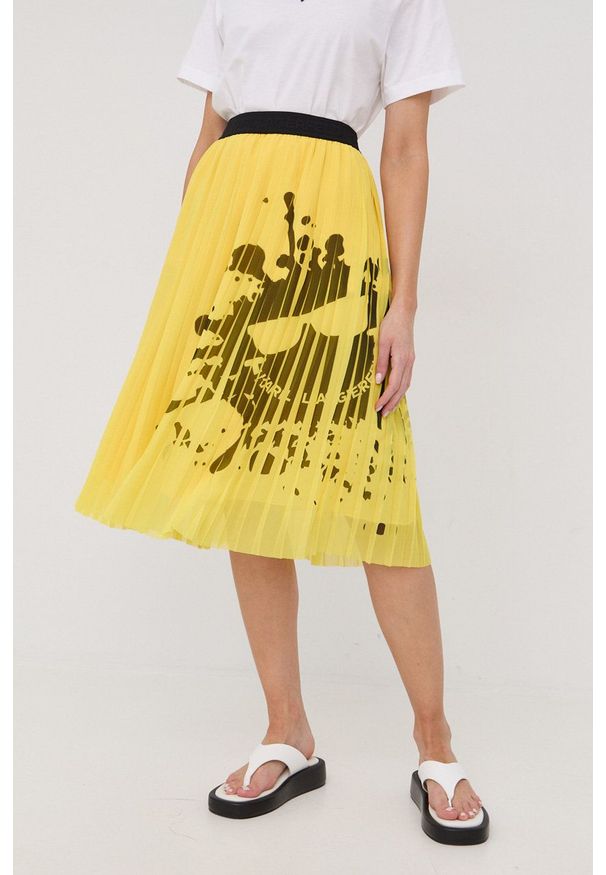 Karl Lagerfeld spódnica 221W1201 kolor żółty midi rozkloszowana. Kolor: żółty. Materiał: tkanina, poliester