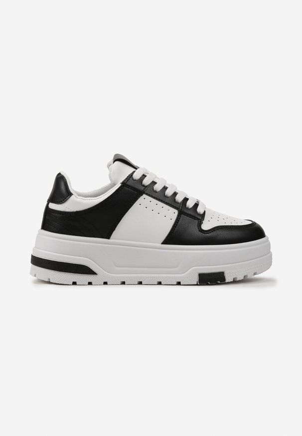 Renee - Biało-Czarne Sneakersy z Ekoskóry na Grubej Podeszwie z Ozdobnymi Wstawkami Sarnei. Nosek buta: okrągły. Zapięcie: sznurówki. Kolor: biały. Materiał: materiał. Obcas: na obcasie. Wysokość obcasa: niski