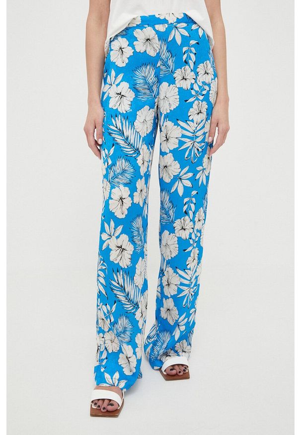 Pinko spodnie damskie kolor niebieski szerokie high waist. Stan: podwyższony. Kolor: niebieski. Materiał: tkanina