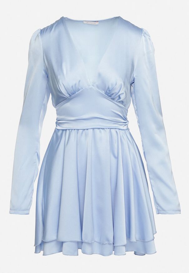 Born2be - Niebieska Satynowa Sukienka Mini z Głębokim Dekoltem i Wiązaniem z Tyłu Liadan. Okazja: na imprezę. Kolor: niebieski. Materiał: satyna. Styl: elegancki. Długość: mini