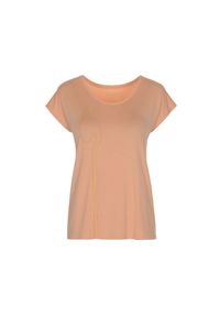 Ochnik - Brzoskwiniowy T-shirt z dekoltem V damski. Kolor: pomarańczowy. Materiał: wiskoza