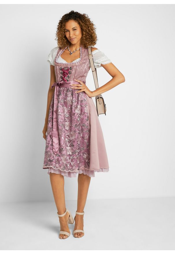 bonprix - Sukienka w ludowym stylu w żakardowy deseń, z haftowanym fartuchem (2 części). Kolor: różowy. Materiał: żakard. Wzór: haft