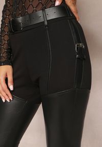 Renee - Czarne Spodnie Skinny z Imitacji Skóry i Paskiem Bisrattema. Kolor: czarny. Materiał: skóra #4