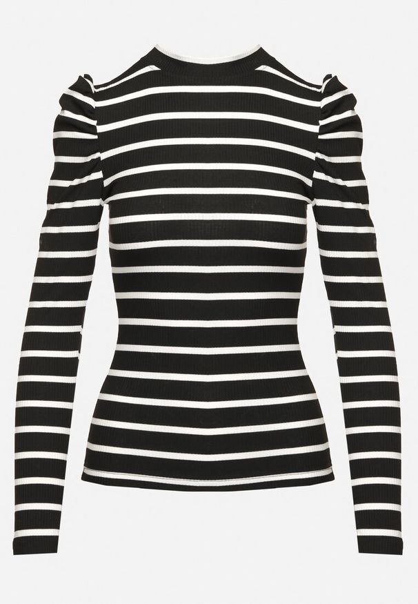 Born2be - Czarno-Biała Prążkowana Bluzka z Bawełny w Paski z Bufiastymi Rękawami Senarion. Okazja: na spotkanie biznesowe, na co dzień. Kolor: czarny. Materiał: prążkowany, bawełna. Długość rękawa: długi rękaw. Długość: długie. Wzór: paski. Styl: elegancki, casual, biznesowy