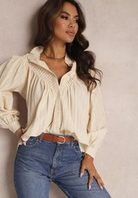 Renee - Beżowa Koszula Oversize z Bawełny Endona. Typ kołnierza: kołnierzyk stójkowy. Kolor: beżowy. Materiał: bawełna. Wzór: aplikacja. Styl: elegancki