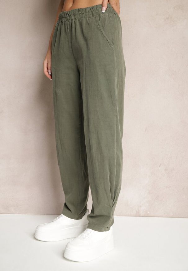 Renee - Ciemnozielone Spodnie z Bawełny High Waist Galili. Okazja: na co dzień. Stan: podwyższony. Kolor: zielony. Materiał: bawełna. Styl: klasyczny, elegancki, casual