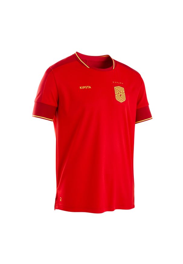 KIPSTA - Koszulka do piłki nożnej dla dzieci Kipsta FF500 Hiszpania 2024. Kolor: czerwony. Materiał: tkanina, poliester, prążkowany, elastan, materiał