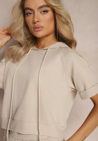 Renee - Beżowy Komplet Dresowy Bluza z Kapturem i Krótkimi Rękawami oraz Szorty Choana. Kolor: beżowy. Materiał: dresówka #4
