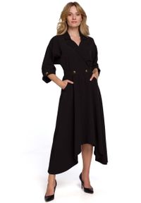 MOE - Czarna Asymetryczna Rozkloszowana Sukienka z Kopertowym Dekoltem. Kolor: czarny. Materiał: poliester, elastan. Typ sukienki: kopertowe, asymetryczne
