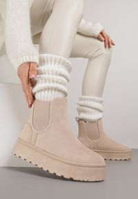 Renee - Beżowe Śniegowce na Platformie Typu Sztyblety Ahelina. Okazja: na co dzień. Kolor: beżowy. Materiał: jeans. Obcas: na platformie. Styl: casual #5