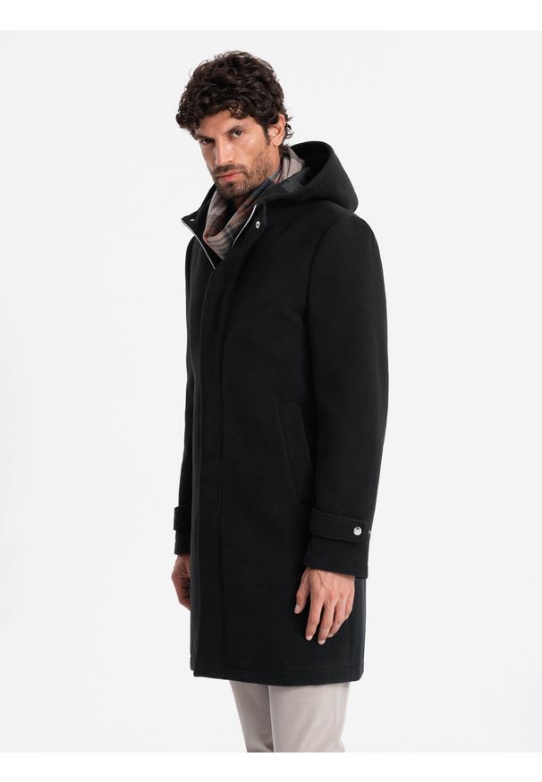 Ombre Clothing - Długi monochromatyczny męski płaszcz z kapturem – czarny V3 - Rozmiar: L. Okazja: na co dzień. Typ kołnierza: kaptur. Kolor: czarny. Materiał: wiskoza, tkanina, poliester, materiał, syntetyk. Długość: długie. Styl: wizytowy, casual, elegancki