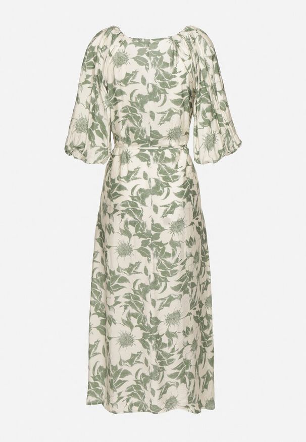 Born2be - Zielono-Biała Rozkloszowana Sukienka z Wiskozy Wykończona Bufiastymi Rękawami Maranea. Okazja: na co dzień. Typ kołnierza: dekolt w serek. Kolor: zielony. Materiał: wiskoza. Typ sukienki: w kształcie A, proste. Styl: klasyczny, casual, elegancki