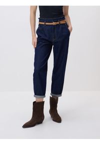 Reserved - Jeansy paperbag - granatowy. Kolor: niebieski