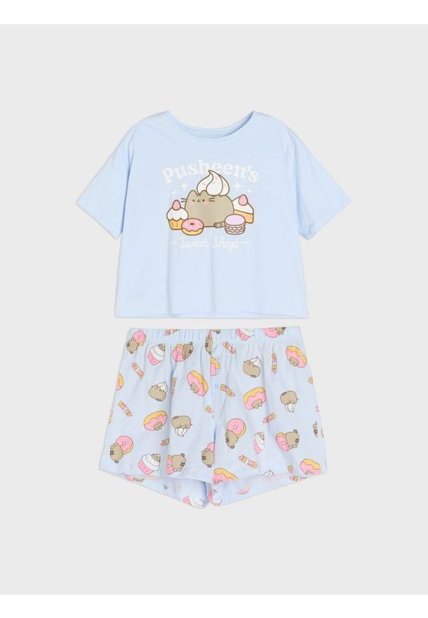 Sinsay - Bawełniana piżama dwuczęściowa z nadrukiem Pusheen the Cat - błękitny. Kolor: niebieski. Materiał: bawełna. Wzór: nadruk