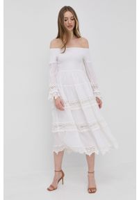 Guess sukienka kolor biały mini rozkloszowana. Kolor: biały. Materiał: włókno, tkanina. Długość rękawa: długi rękaw. Typ sukienki: rozkloszowane. Długość: mini