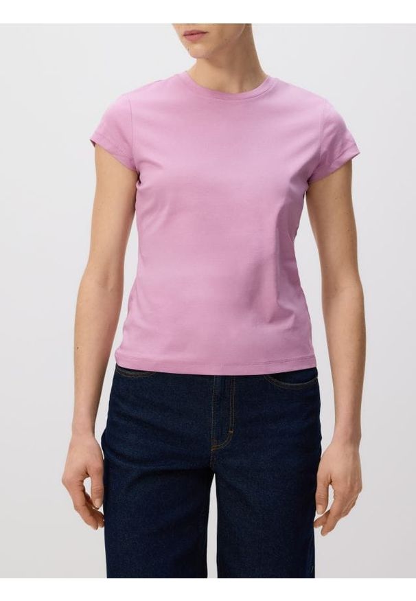 Reserved - T-shirt z domieszką jedwabiu - różowy. Kolor: różowy. Materiał: jedwab